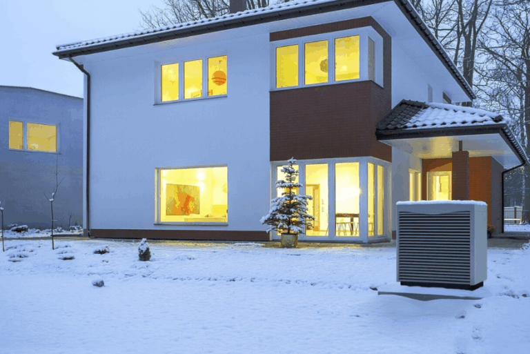 une pompe à chaleur air-eau en hiver en Suisse romande