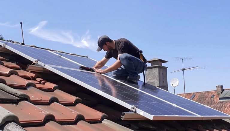 un installateur de panneaux solaires Maison du Solaire sur le toit d'une maison suisse